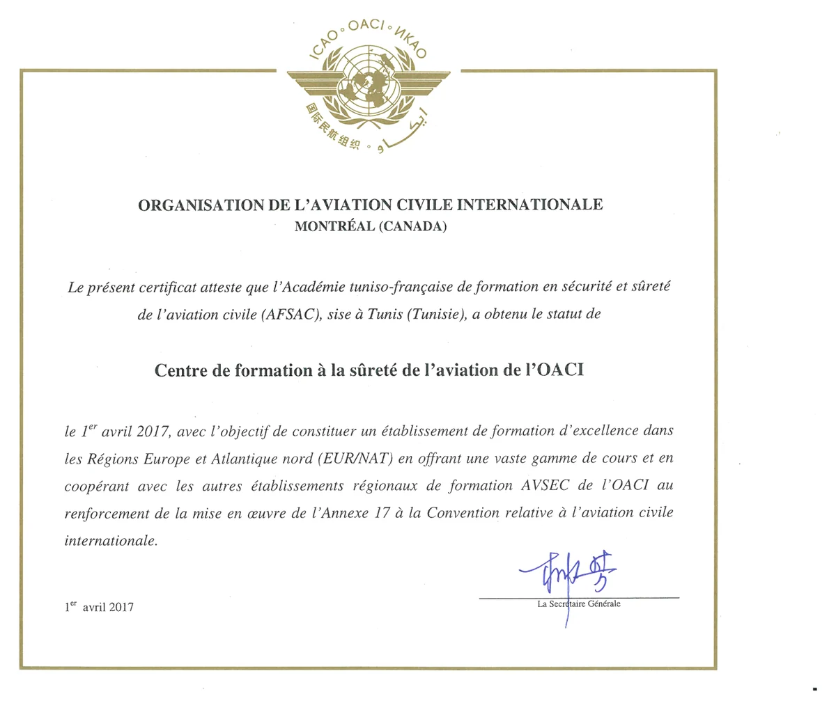 Certificat OACI — Centre Régional de Formation à la Sûreté de l’Aviation Civile de l’OACI