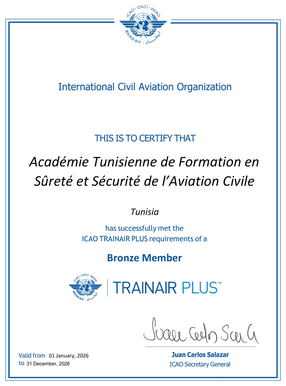 Certificat OACI — Membre du Programme Mondial ICAO TRAINAIR PLUS (GAT/OACI)